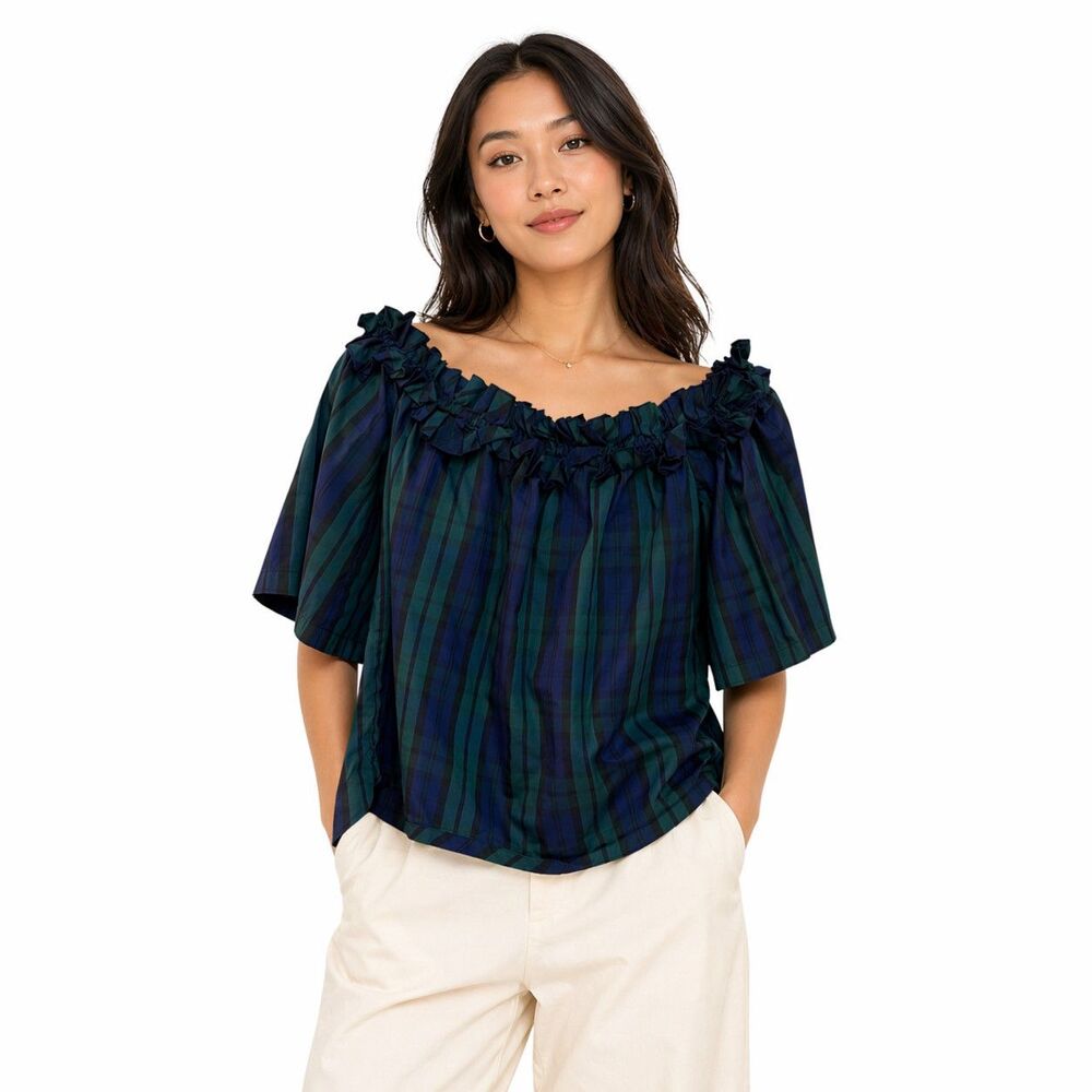 Vineyard Vines Blouse Womens Large Blue Plaid Off Shoulder Short Sleeve Top
